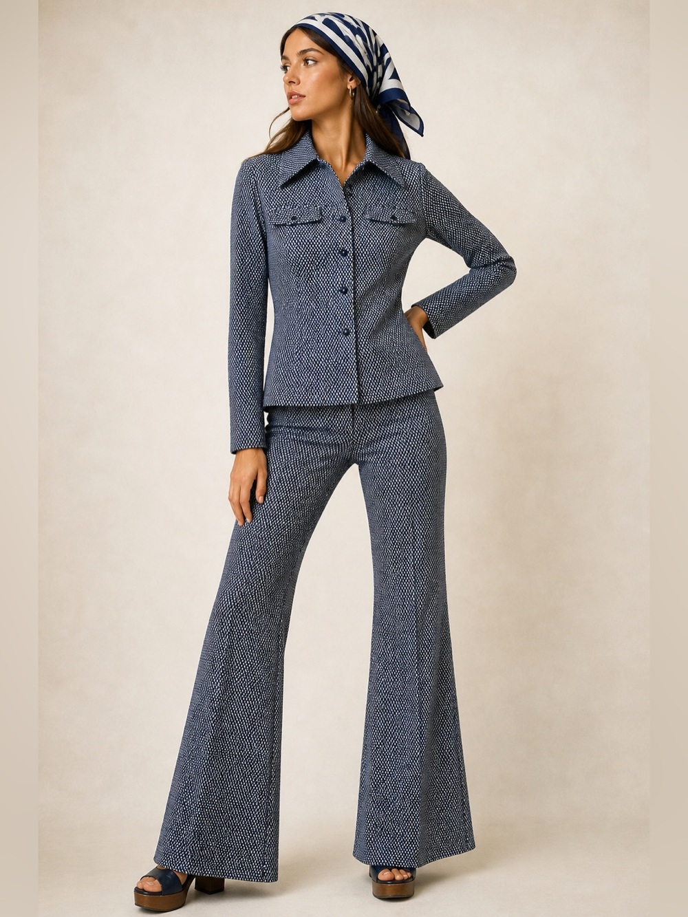 Vintage Retro 70s Navy White Geometric Pant Suit Set High Waist Flare M - Picture 2 of 10
